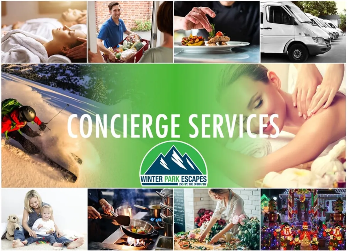 This exterior image features a montage of luxurious experiences, including spa treatments, gourmet meals, skiing adventures, and family celebrations, all set against the inviting backdrop of the property's services banner. The visuals suggest both relaxation and adventure, with cues like food delivery and a spa experience reinforcing indulgent après activities.
