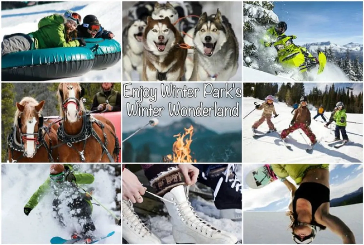 An energetic winter scene featuring people tubing down snowy slopes, huskies ready for sledding, snowmobiles in action, a horse-drawn sleigh gliding through a snowy landscape, children ice skating, and skiers navigating fresh powder. The lively activities are set against a sparkling winter backdrop, evoking adventure and family fun.