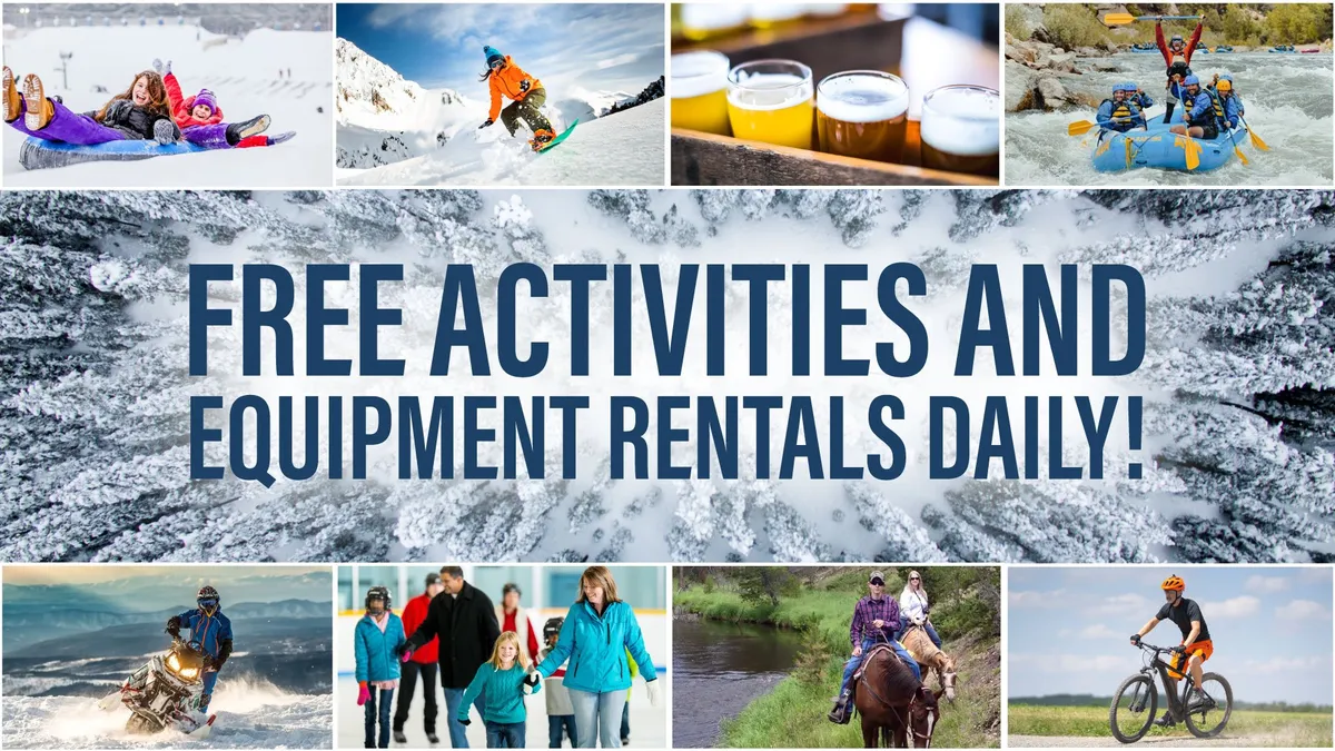 A vibrant collage-style image showcasing people of various ages engaged in exhilarating activities such as skiing, snowboarding, rafting, biking, and horseback riding, interspersed with bold text highlighting complimentary activities. The atmosphere is lively and adventurous, emphasizing memorable group and family experiences.